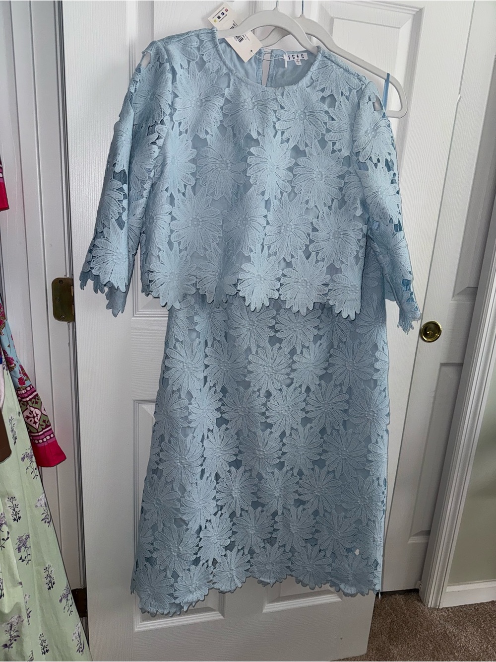 TCEC Light Blue Floral Lace Overlay Formal Dress
